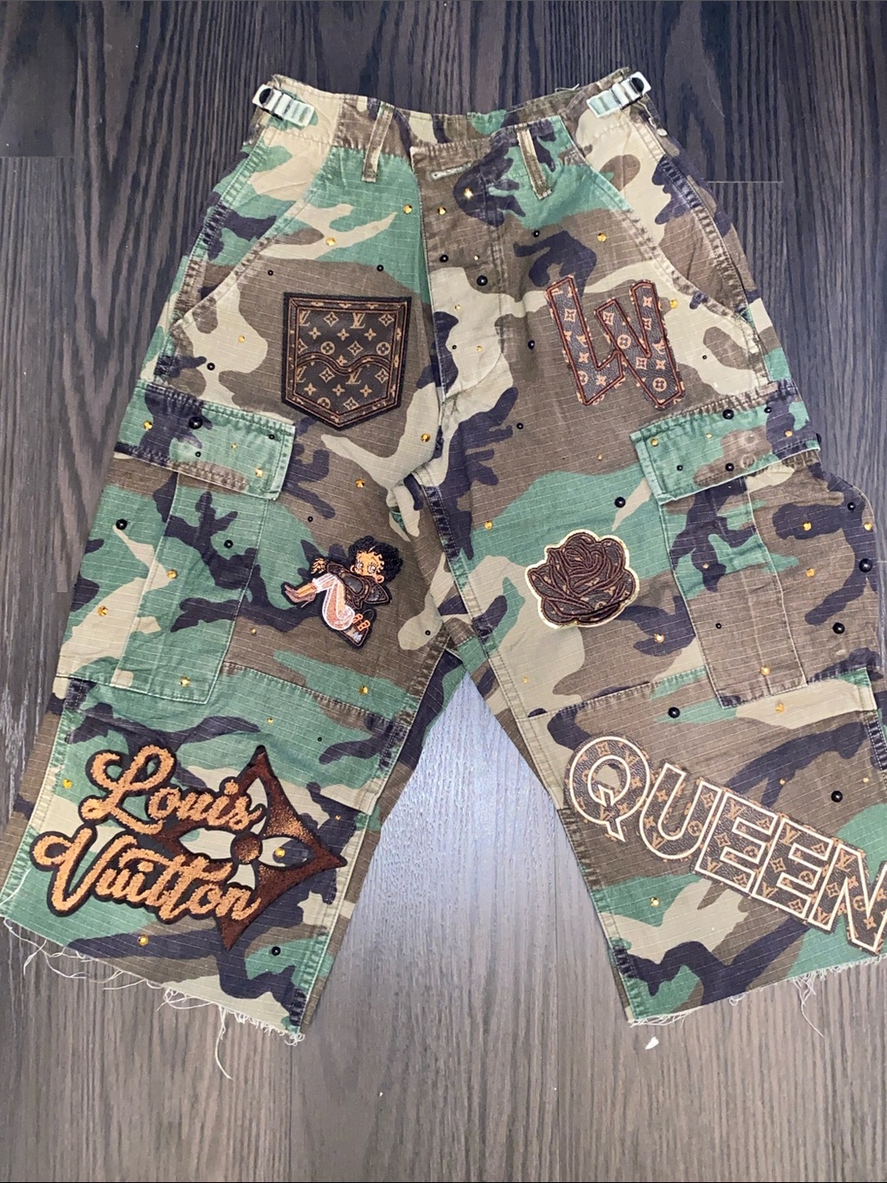 Custom Green Camo Patchwork Cargo Shorts size Extra Small